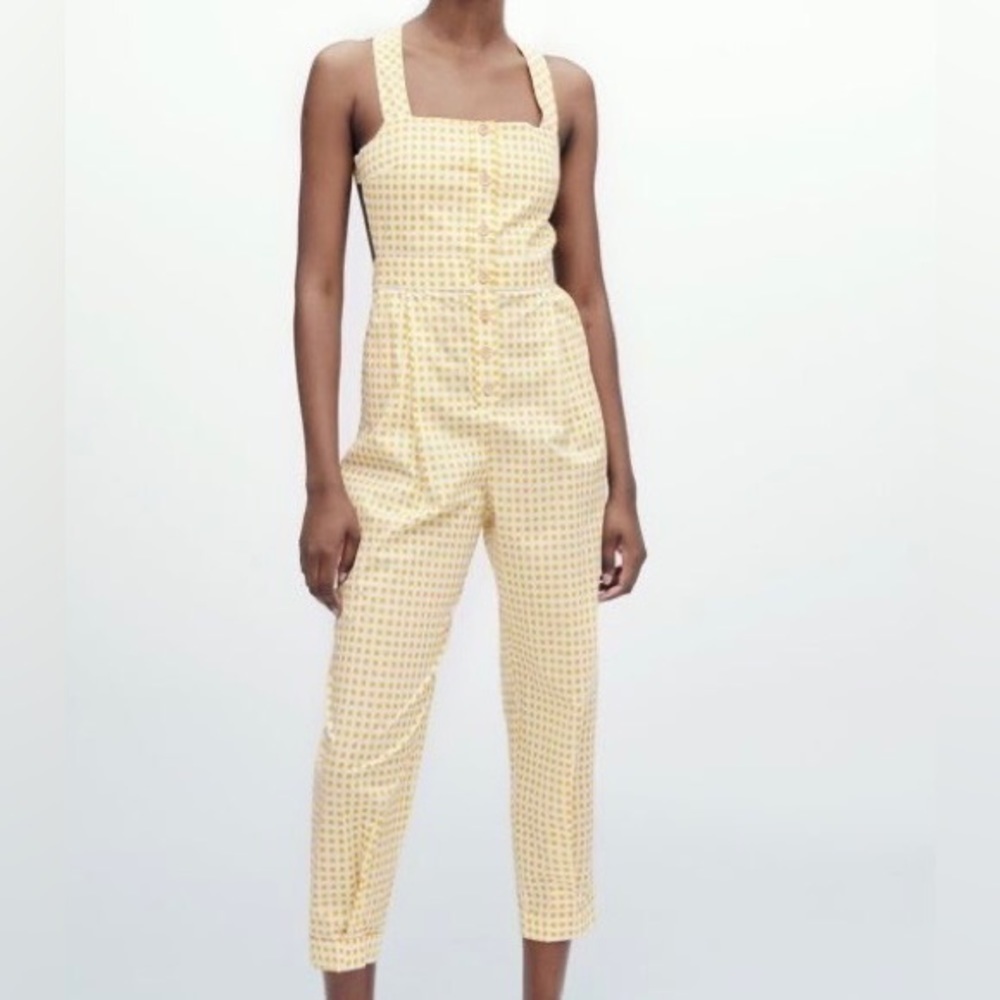 Zara yellow buffalo print open back jumpsuit with pockets size medium